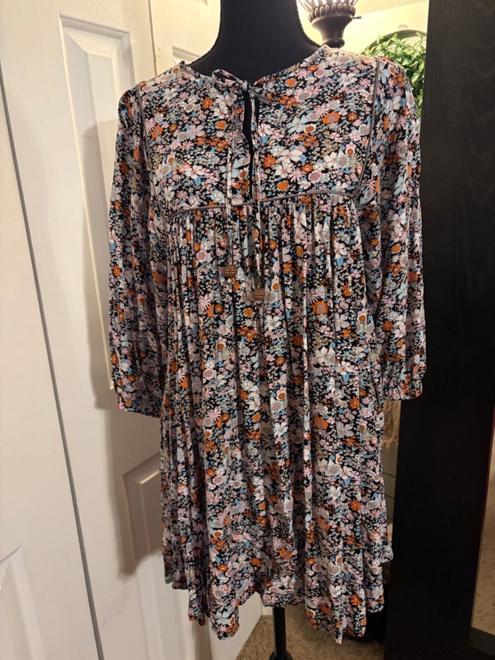 NATURAL LIFE Black Boho Floral Mini Dress with Pink and Orange Accents